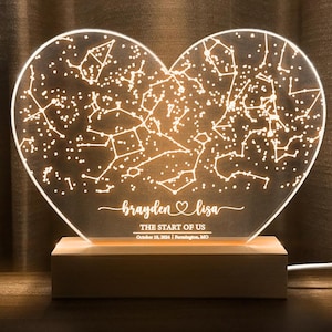Carte des étoiles personnalisée par date lumineuse, carte des constellations personnalisée, cadeau ciel nocturne par date, cadeau de fiançailles pour elle et lui, HEART01