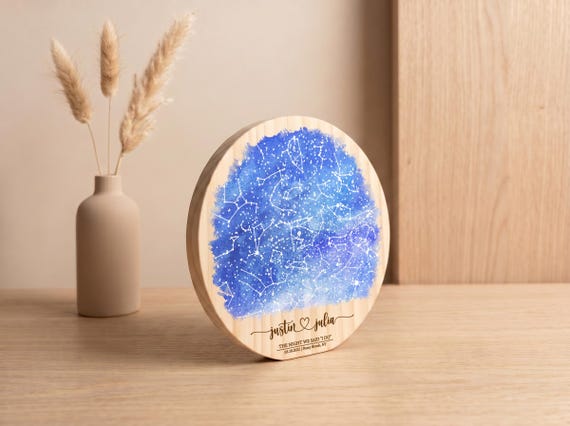 A custom star map of any date printed on wood — the 'night sky when we met' concept is genuinely romantic and the wood-print medium elevates it beyond flat paper poster territory.