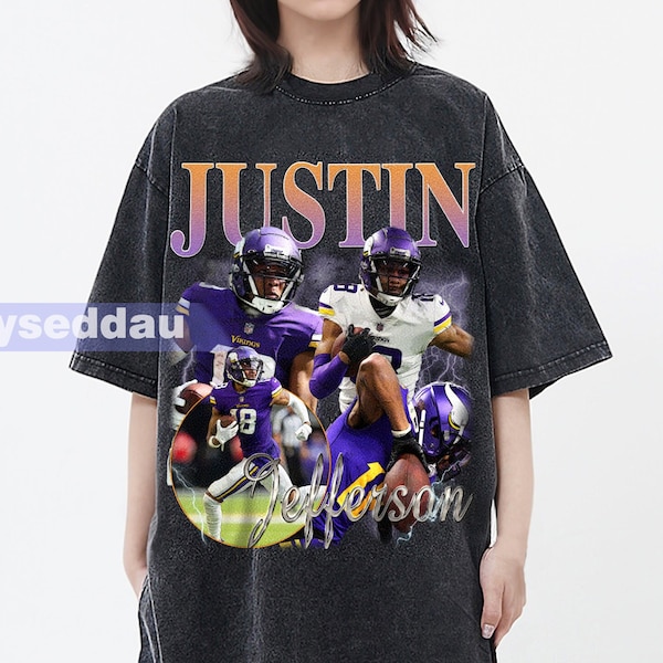 Justin Jefferson Vintage Washed T-Shirt, Wide Receiver Homage Graphic Unisex Long Sleeve, Bootleg Retro 90's Fans Hoodie Gift