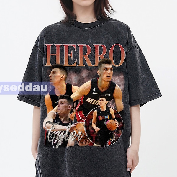 Tyler Herro Vintage Washed T-Shirt, Shooting guard Homage Graphic Unisex Long Sleeve, Bootleg Retro 90's Fans Hoodie Gift