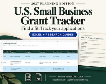 May include: A 2027 Planning Edition U.S. Small Business Grant Tracker digital tool featuring an Excel spreadsheet with a planning shortlist and a PDF research guide. The interface displays grant IDs, programs, funding types, and statuses.
