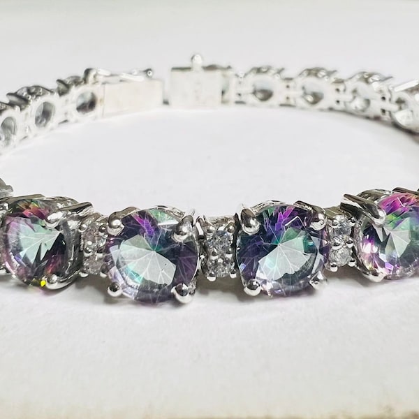 Mystic Round Gemstone Bracelet , 925 Silver Bracelet , Mystic Bracelet , Tennis Bracelet , Mystic Silver Jewellery