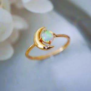 Crescent Moon Ring: Natural Fire Opal Sterling Silver Celestial Jewelry