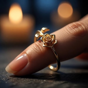 May include: A gold ring with a rose design. The ring has a detailed rose as its main feature, with delicate petals and leaves. The band is thin. The ring is worn on a finger, with a blurred background.