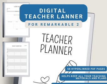 May include: Digital teacher planner for the Remarkable 2 tablet. The planner includes 58 hyperlinked PDF pages, helps keep all your teaching materials and plans, and allows you to quickly navigate between months, lessons, and notes. It includes everything a teacher needs.