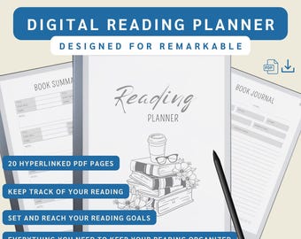 May include: A digital reading planner designed for the Remarkable tablet. The planner features a gray and white design with a stack of books, a coffee cup, and glasses. The text "Reading Planner" is written in cursive. The planner includes 20 hyperlinked PDF pages, a book journal, and a book summary section. The planner helps you keep track of your reading and set and reach your reading goals.