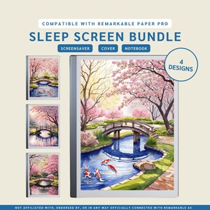 Könnte beinhalten: Ein Satz von vier digitalen Schlafbildschirmen mit einer Aquarellmalerei eines japanischen Gartens mit einer Brücke, Kois und Kirschblütenbäumen. Die Designs sind kompatibel mit dem Remarkable Paper Pro.