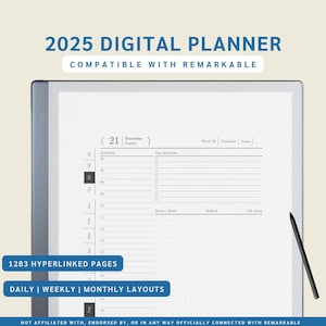 Könnte beinhalten: Ein digitaler Planer für 2025, kompatibel mit dem Remarkable Tablet. Der Planer bietet ein tägliches, wöchentliches und monatliches Layout mit 1283 verlinkten Seiten. Das Bild zeigt eine Seite für Donnerstag, den 21. August, mit einem Zeitplan, Top-Prioritäten, Notizen und einem Kalender.