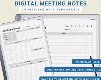Appunti di riunione digitali per tablet Remarkable: Planner con collegamenti ipertestuali (PDF)