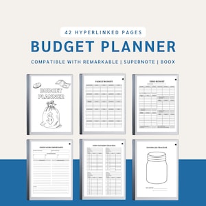 May include: A digital budget planner with 42 hyperlinked pages, compatible with Remarkable, Supernote, and Boox devices. The planner includes sections for family budgets, debt payment tracking, and savings goals. The cover features the text "Budget Planner".
