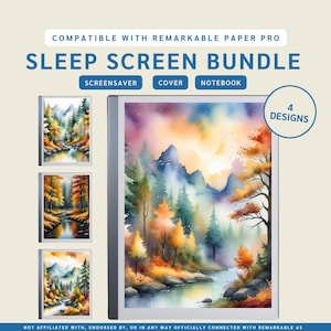 May include: A set of four digital sleep screen designs for the Remarkable Paper Pro tablet. The designs feature watercolor paintings of a forest scene with mountains, trees, and a river. The text "SLEEP SCREEN BUNDLE" is at the top of the image, and the text "4 DESIGNS" is in the upper right corner.