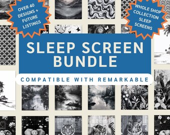 Peut inclure: Une bannière bleue avec le texte "SLEEP SCREEN BUNDLE" et "COMPATIBLE WITH REMARKABLE". La bannière est entourée d'un collage d'images en noir et blanc, notamment un tigre, un éléphant, un palmier et une lune.
