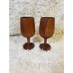 Vintage Hand-Carved Wooden Wine Goblets Set Of Two