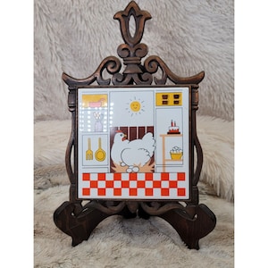 Vintage Hen Tile and Metal Scroll Footed Trivet