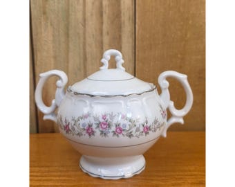 Azucarero de porcelana vintage con tapa y diseño floral de rosas rosas