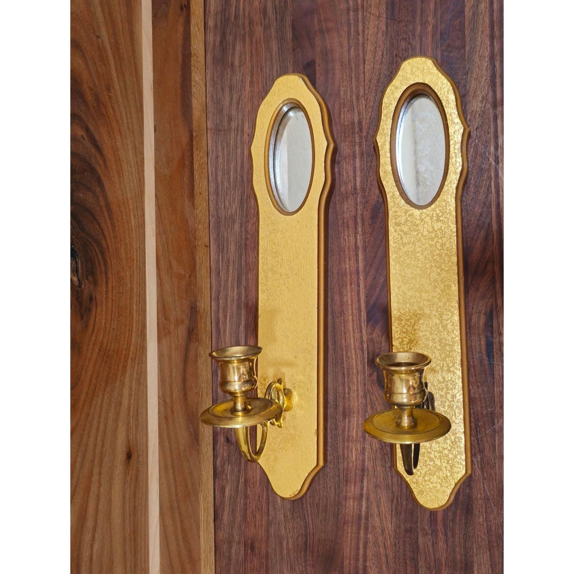 ホームインテリア 真鍮と木製の鏡付きキャンドルホルダー 壁付け燭台 2