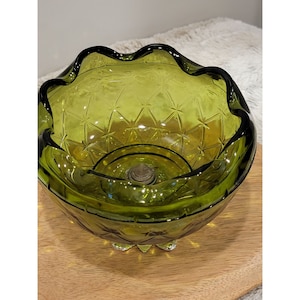 Vintage Indiana Glass Duette, AKA Quilted Diamond Green Rose Bowl with Gold Toned Pedestal
