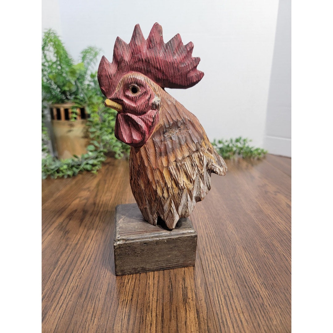 Vintage Wood Carved Rooster Head Rustic Decor Folk Art Etsy