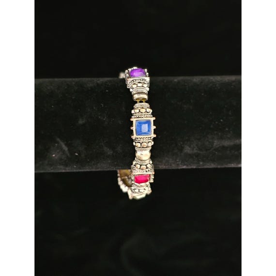 Multi Stone Silvertone Stretch Toggle Bracelet - image 5