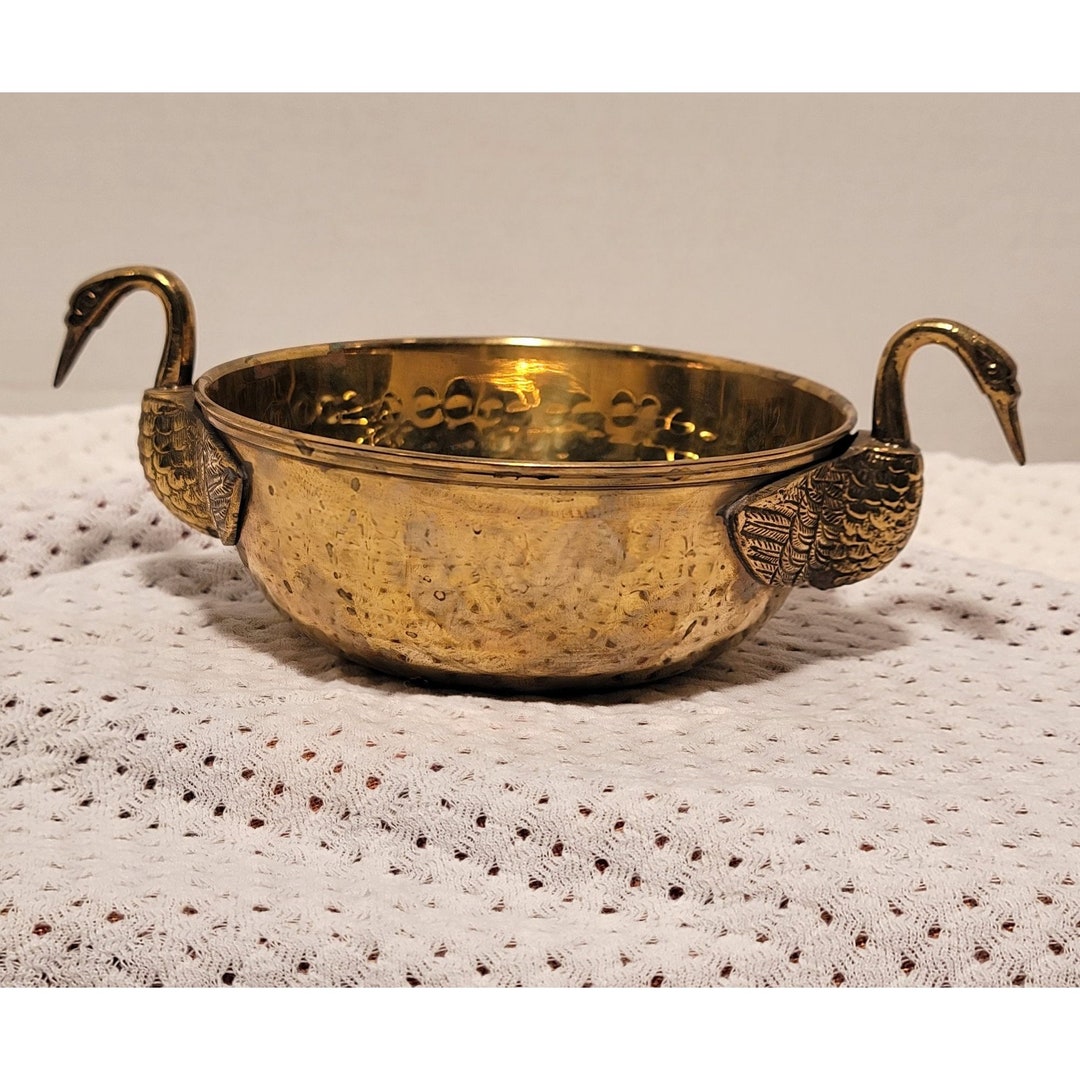 Vintage Hammered Brass Bowl W/ Crane Double Handle Etsy
