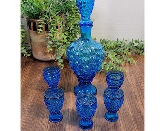 1960&#39;s MCM Empoli Cobalt Blue Decanter/Shot Glass 7 Piece Set, Decanter & 5 Glasses, Made in Italy