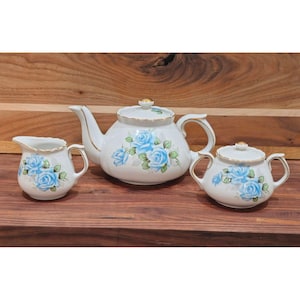 Vintage Blue Rose Shafford China Porcelain Tea Set - Teapot Sugar Bowl & Creamer With Gold Trim