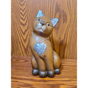 Handcrafted Wooden Cat Figurine With Decorative Silver Heart Necklace & Accents