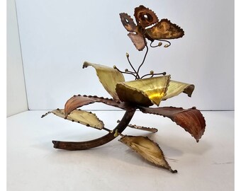 Vintage 1970's Copper Brass Enamel Sculpture of Flowers and Butterfly