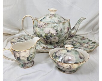 Ashley Peppertree Tabletops Fine Porcelain Teapot, Tray, Creamer, and Sugar Bowl