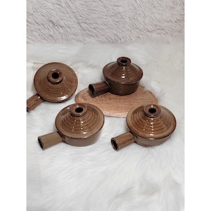 Bruine aardewerk potten met deksels, set van 4, Japanse stijl klei rijst/pap pot met handvat