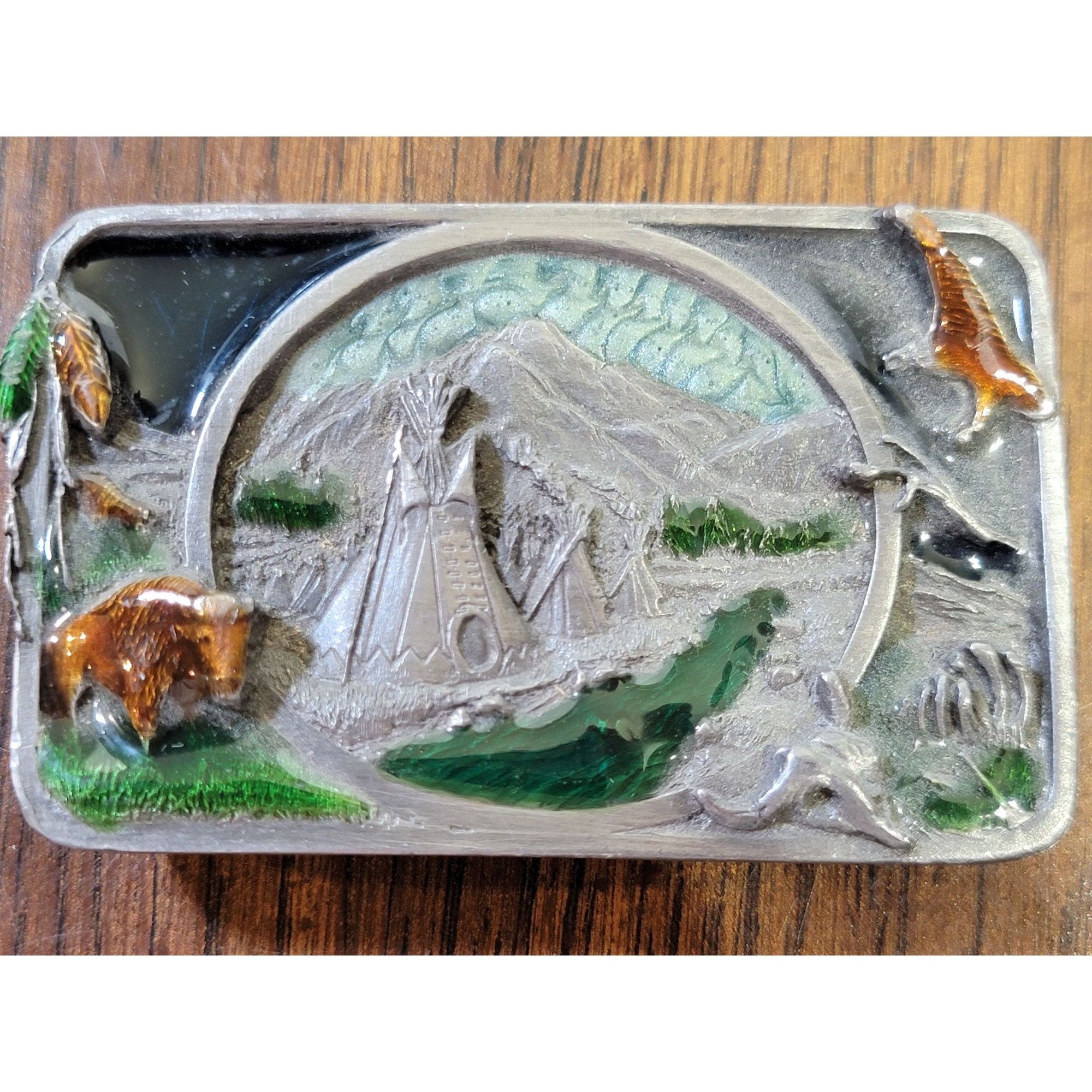 Siskyou Belt Buckle Tribute to American Indian Buffalo, Eagle Tepee  Pewter 1983 Vintage Siskiyou Native American Pewter Belt Buckle Buffalo  main image 2