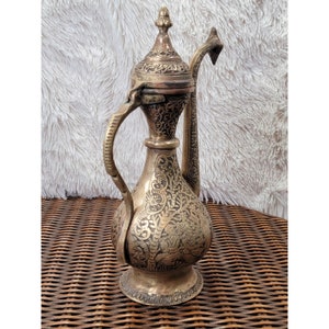 Antique Rare Middle Eastern Engraved Brass Coffee Pot / Ewer