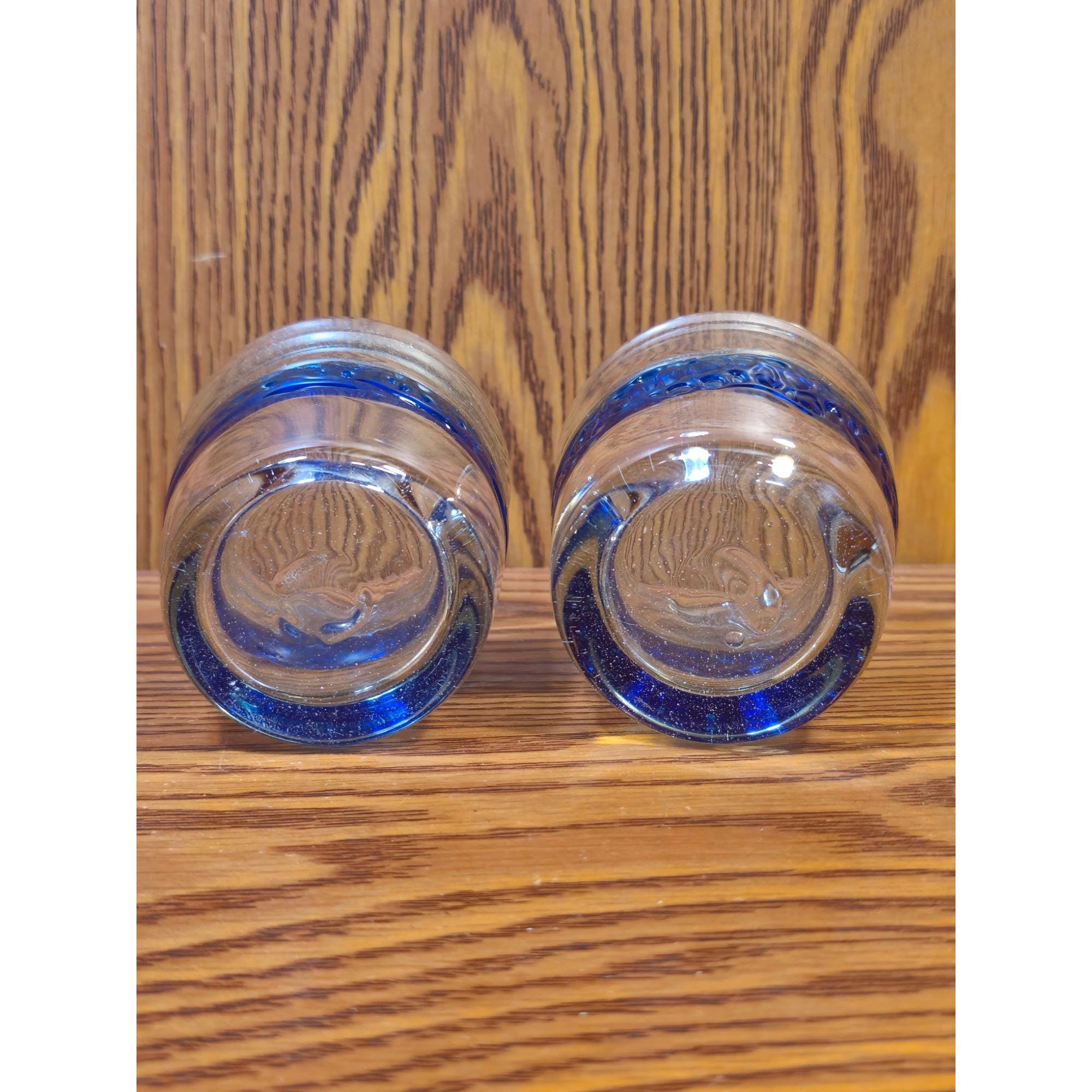 Handblown Blue Rimmed Glass Tumblers Pair 3.5