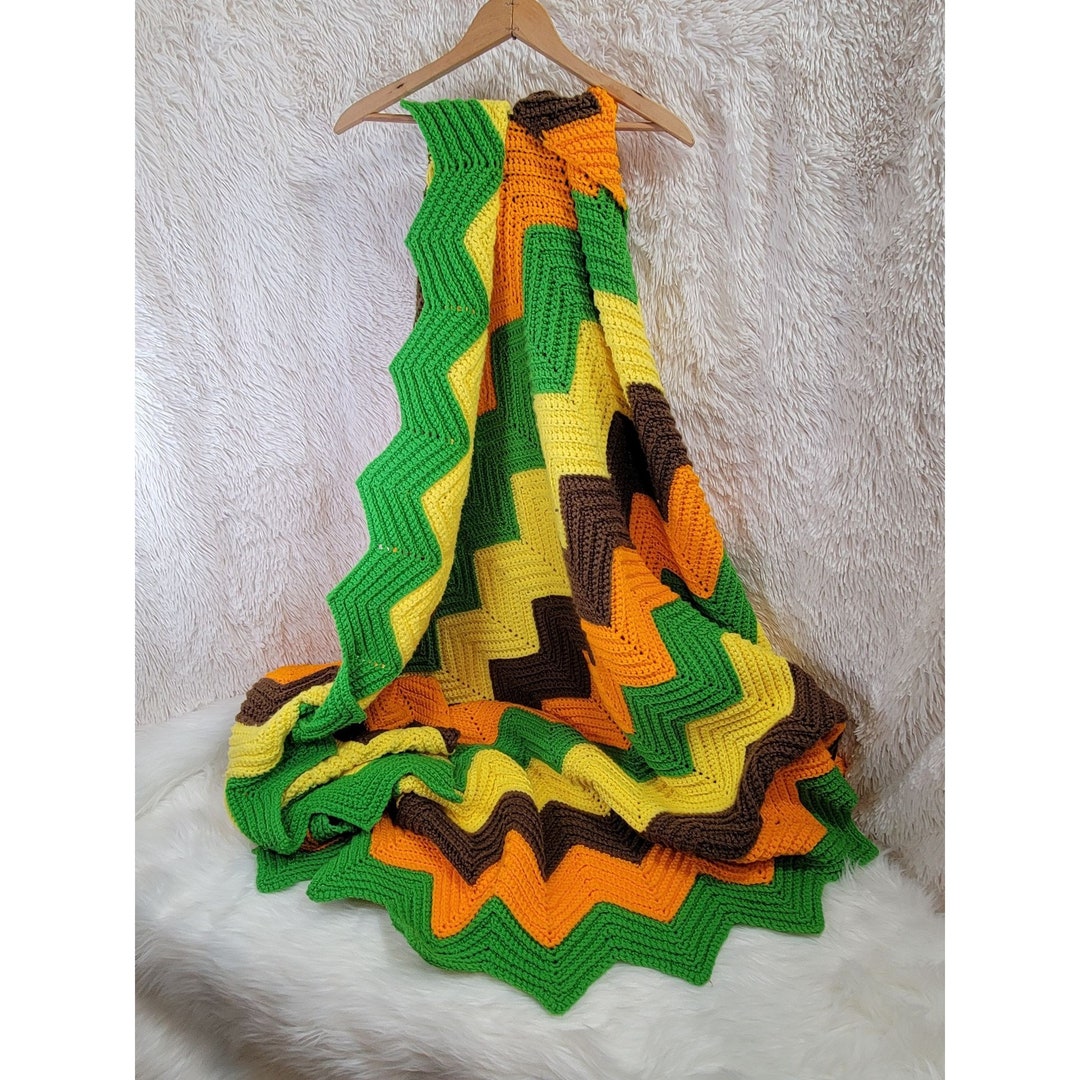 Vintage Afghan Blanket, Crocheted Chevron Pattern, Handmade, 68 X 59