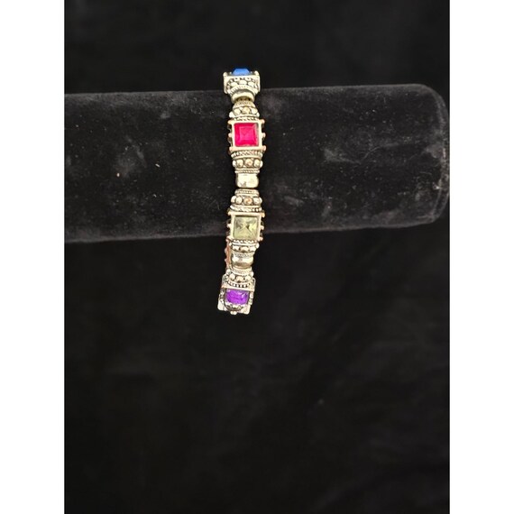 Multi Stone Silvertone Stretch Toggle Bracelet - image 4