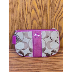 Coach Small Beige & Pink Signature Canvas Wristlet Bag With Zip Closure and Metal Logo