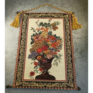 Vintage Floral Tapestry Wall Hanging With Tassels & Rod