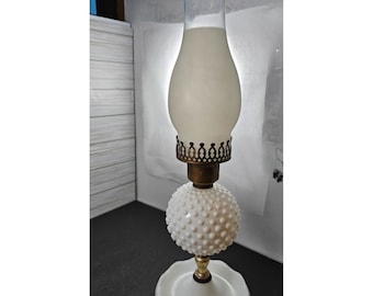Vintage Milk Glass Hobnail Lamp with Frosted Chimney