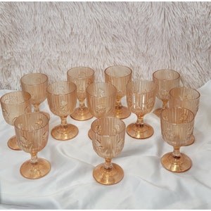 Set of 12, Jeanette 4&quot; Brandy/Wine Glasses, Carnival Glass, Iris and Herringbone Design