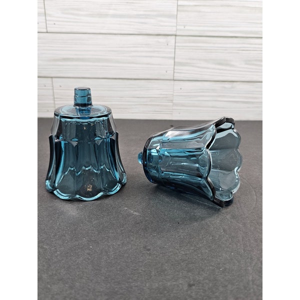 2 Blue Glass Scalloped Paneled Tulip Peg Votive Sconce Candle Holders