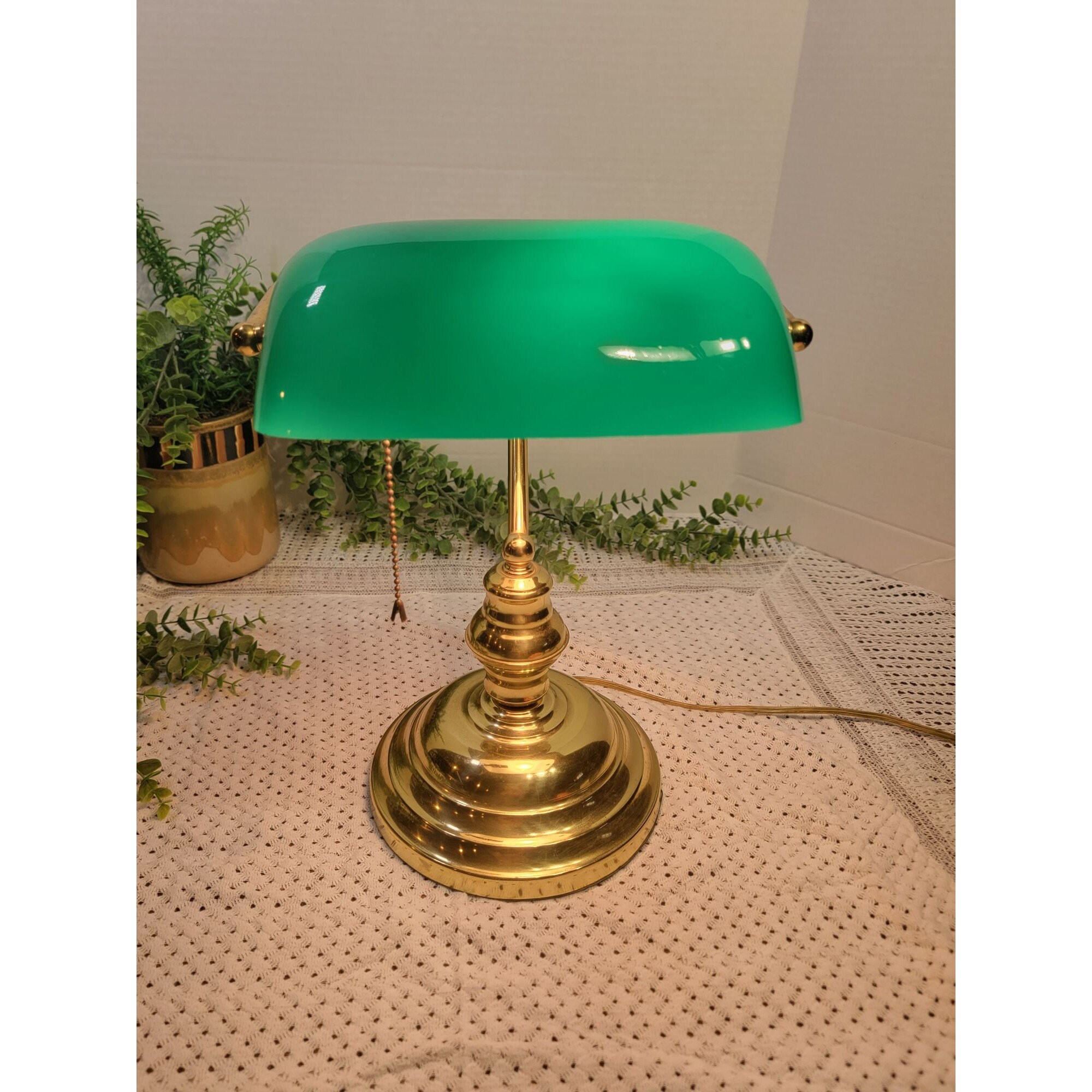 Vintage 70s Banker s Lamp W Retro Green Glass Shade Brass Base