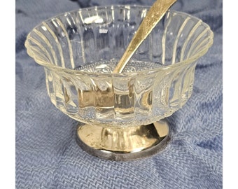 Vintage Silverplated Pedestal Glass Sauce Bowl & Silver Spoon, Indonesia