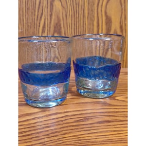 Handblown Blue Rimmed Glass Tumblers Pair 3.5&quot; Tall Artisan Design Clear & Blue Glass