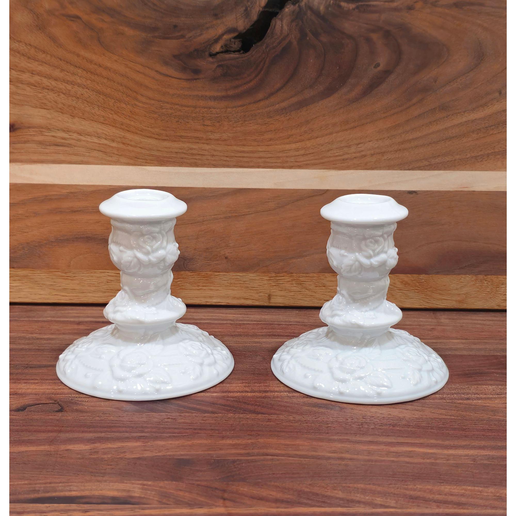 Fenton キャンドルホルダー2個セット フェントンミルクガラスキャベツローズキャンドルホルダー2個セット