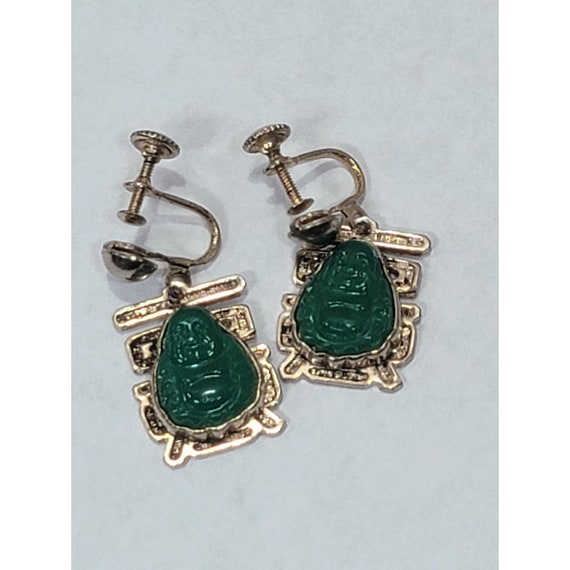 VINTAGE Jade Buddha Screw Back Drop Earrings - image 5