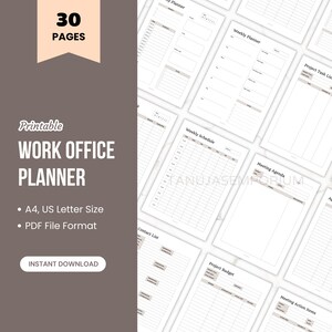 May include: Printable work office planner with 30 pages, A4 and US letter size, in PDF format. The image shows various planner pages, including weekly schedules, meeting agendas, and project task lists. Instant download available.