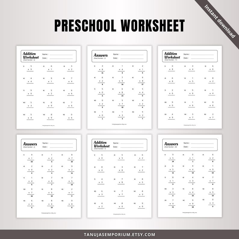 Printable Addition Worksheet | Single Digit Addition Worksheet - Etsy