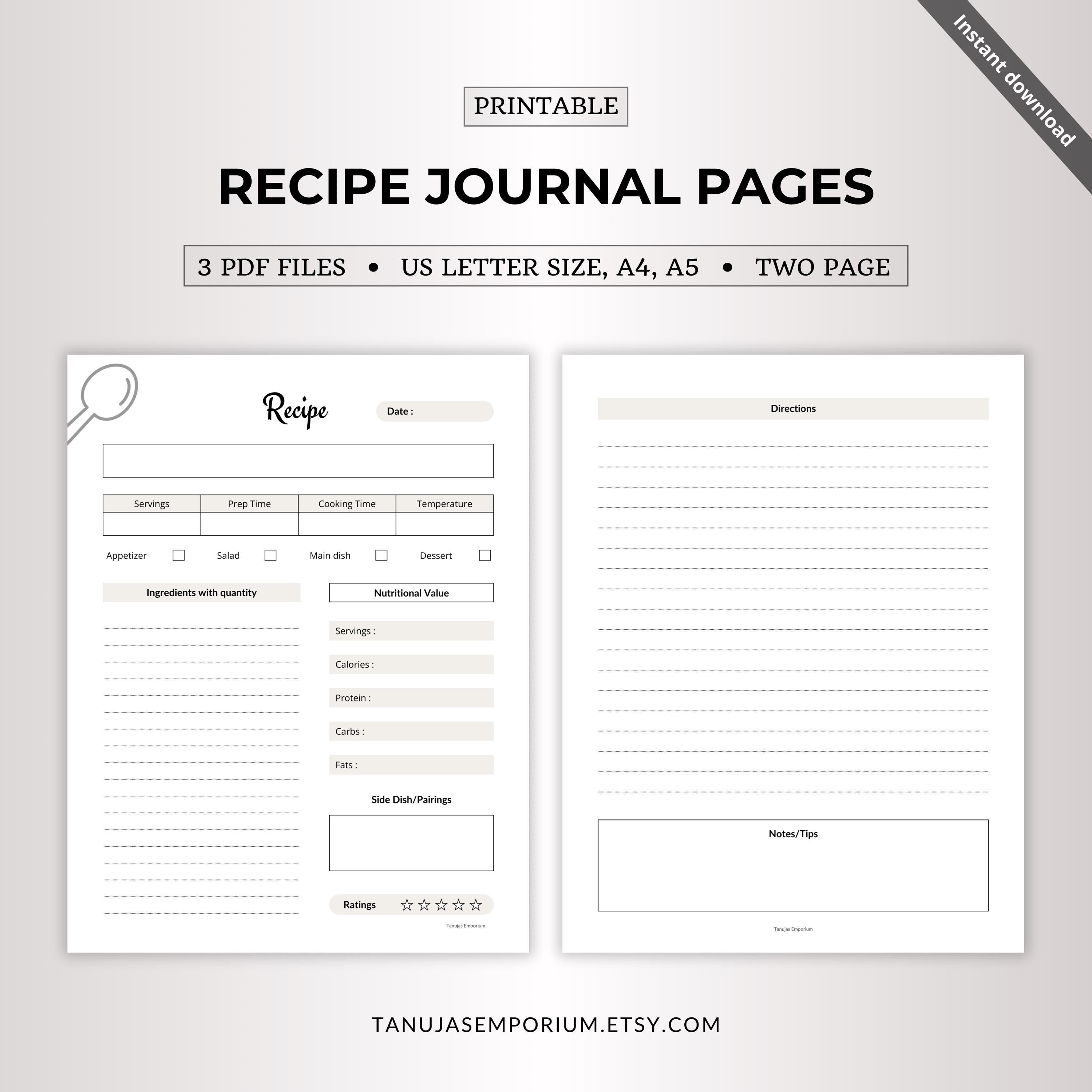 Printable Recipe Journal | Recipe Pages - Etsy