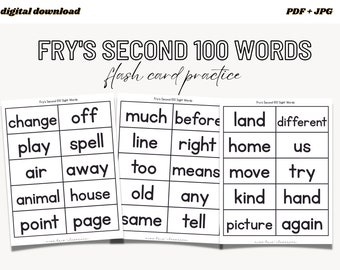 Frys Second 100 Word Practice, Sight Words Flashcard, High Frequency Words, Printable Flashcards