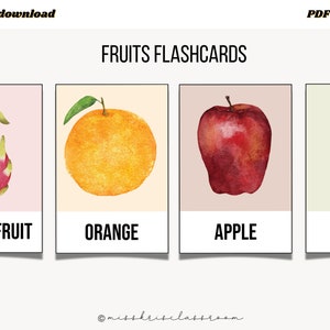 Watercolor Fruit Flashcards, Printable Flashcards, Digital Fruit flashcards